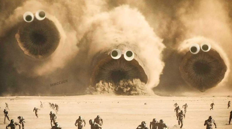 Still image of sandworms from Dune: Part Two with googly eyes